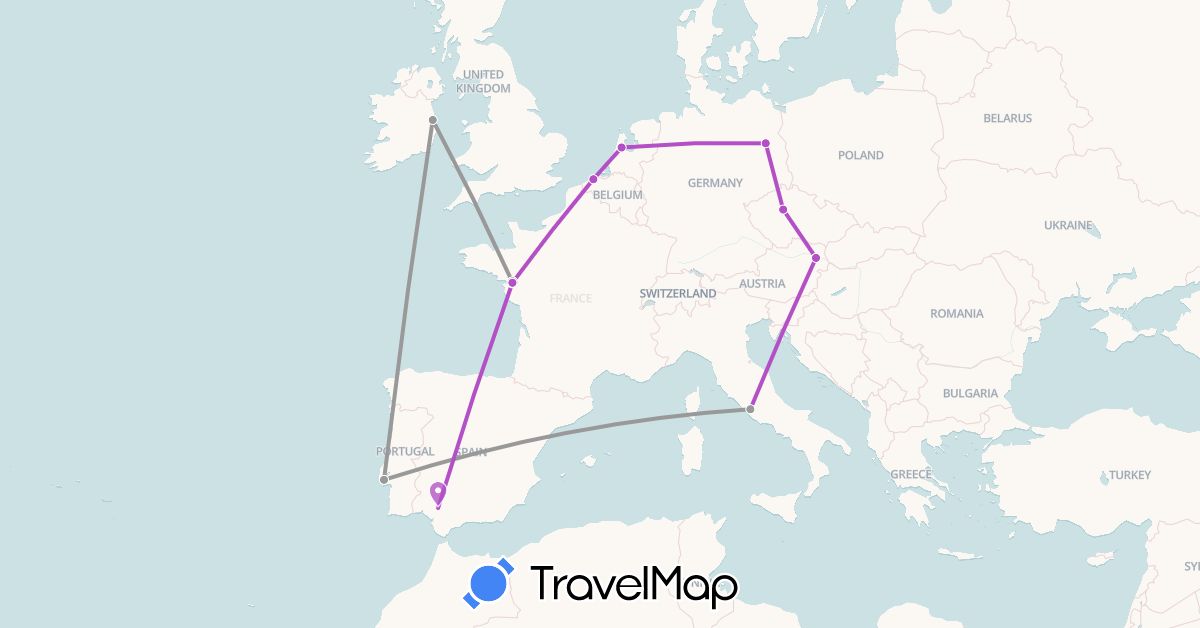 TravelMap itinerary: plane, train in Belgium, Czech Republic, Germany, Spain, France, Netherlands (Europe)